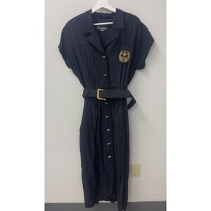 Infatuation Vintage Military Style Midi Dress Black Gold Belted Crest Button Up